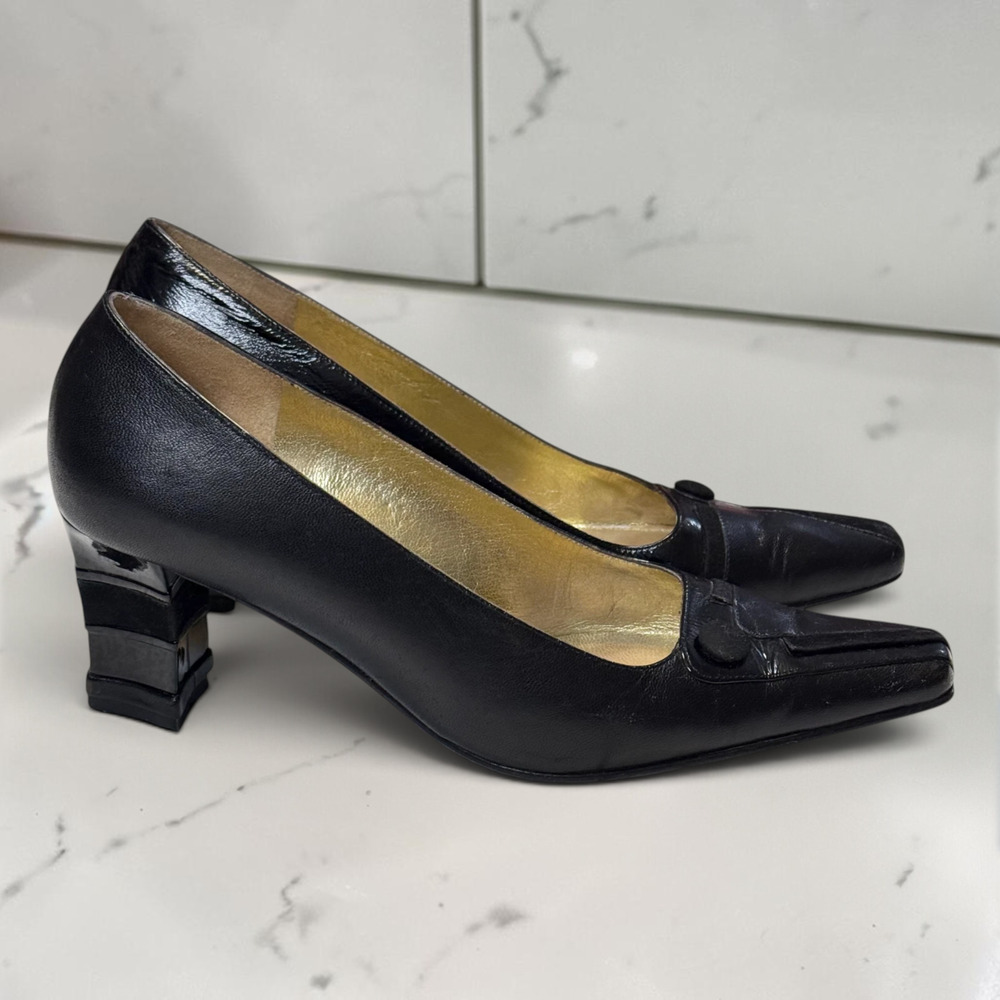 Vintage 80s Lanzoni & B Black Leather Pumps Sz 5.5 Velvet Deco Block Heel Italy